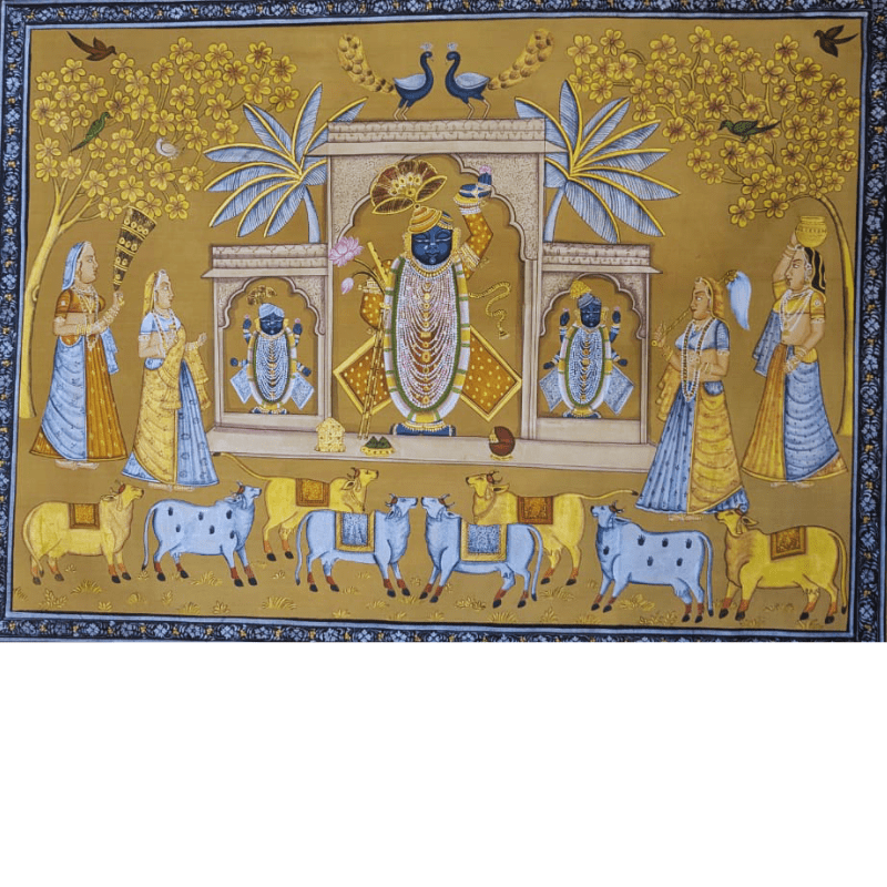 Pichwai Painting of Shrinathji with Devotees and Cows